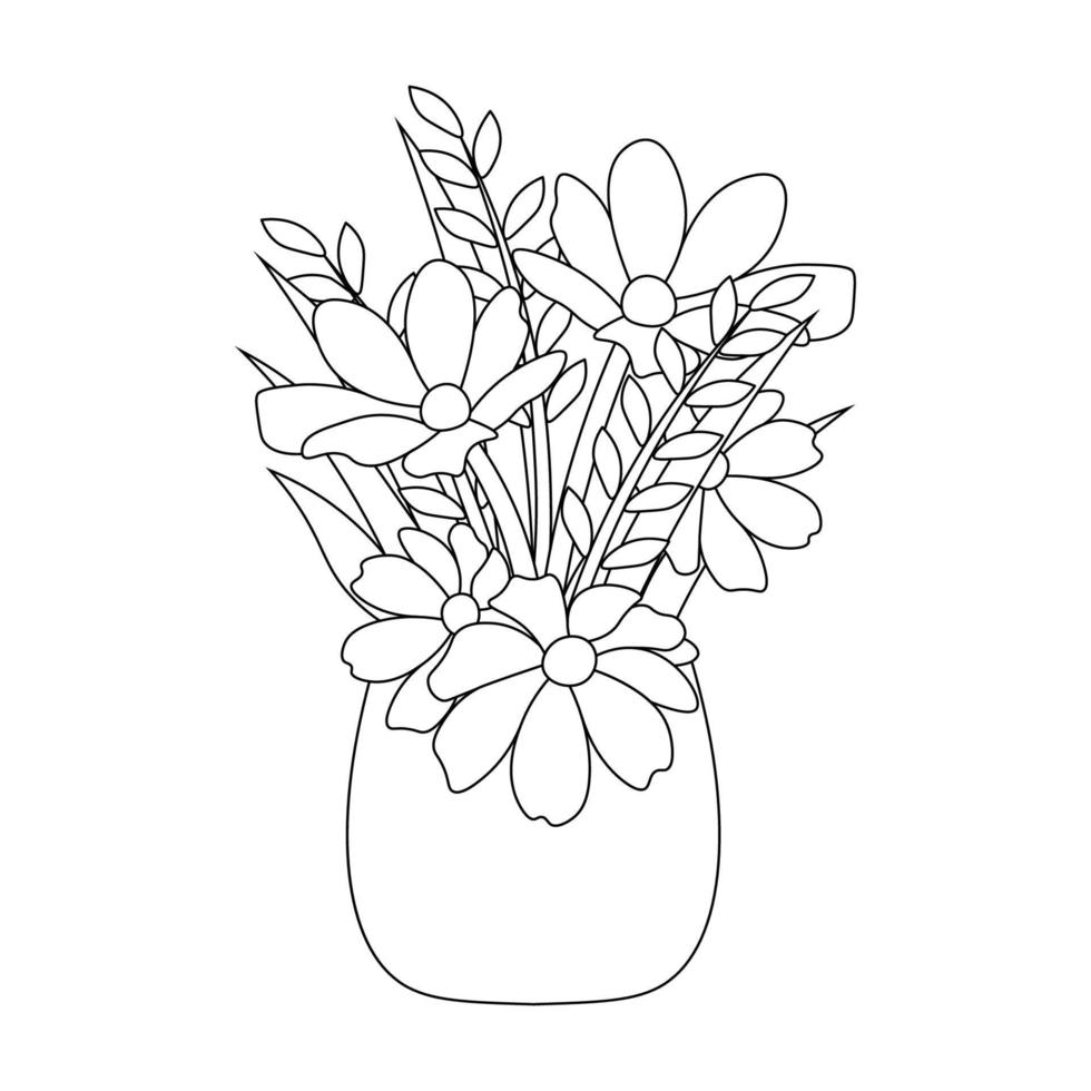 flower pot with line art drawing flower coloring page with leaves vector