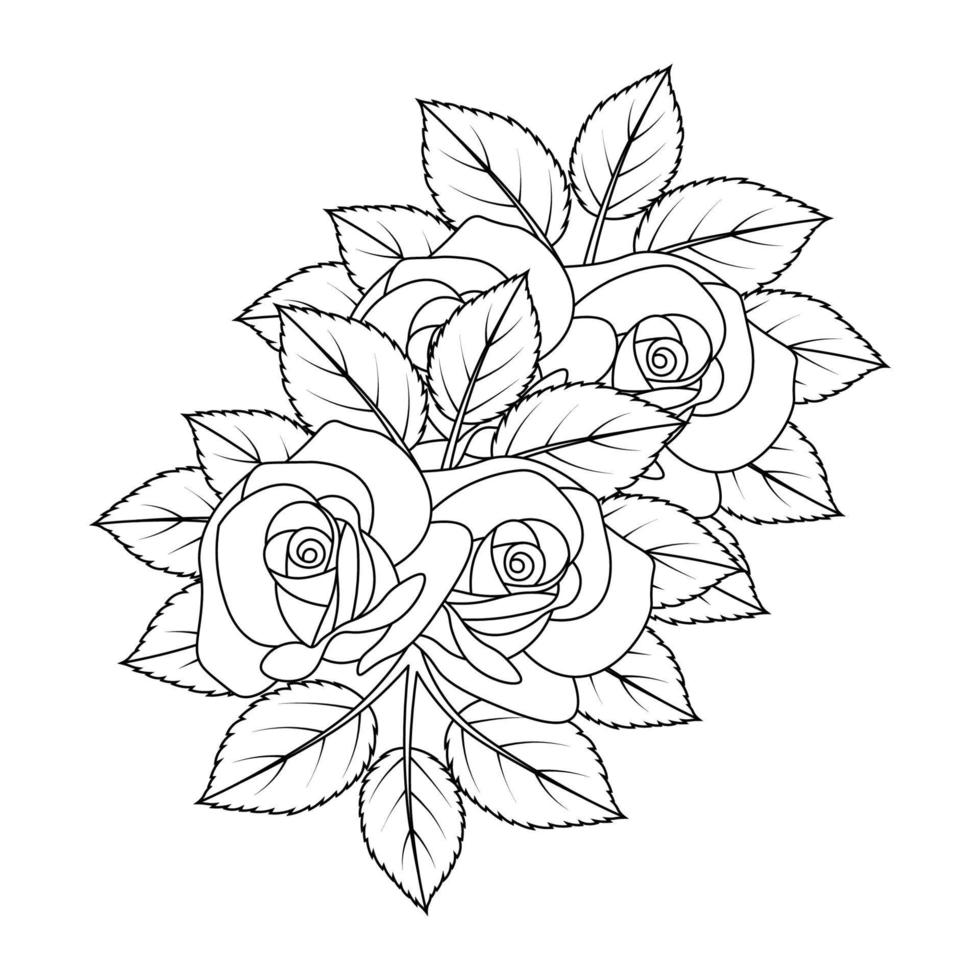 black and white doodle rose flower coloring page illustration for printing vector