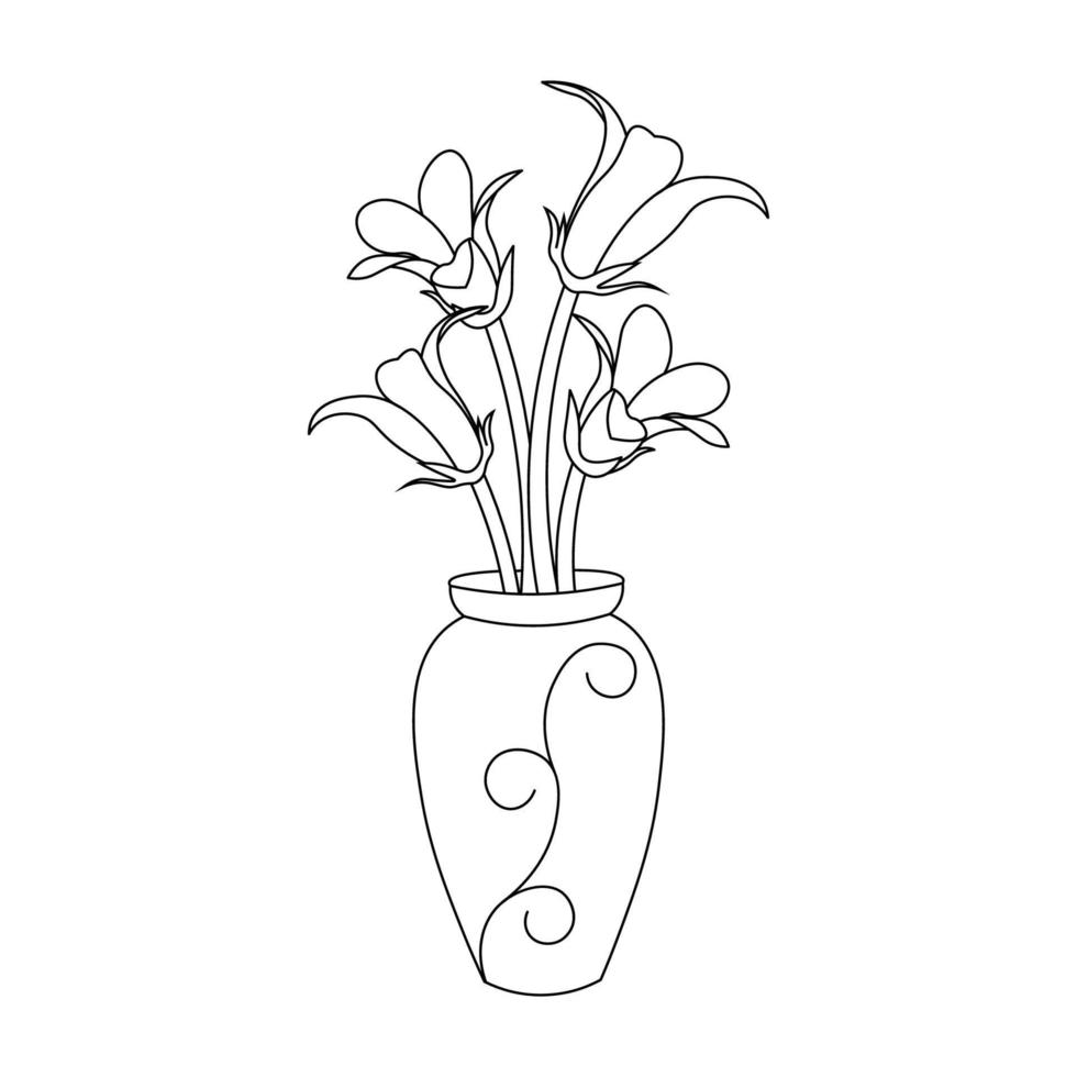 ilustración de jarrón dibujado a mano con página de coloración de flores de dibujo de línea de objeto gráfico vectorial vector