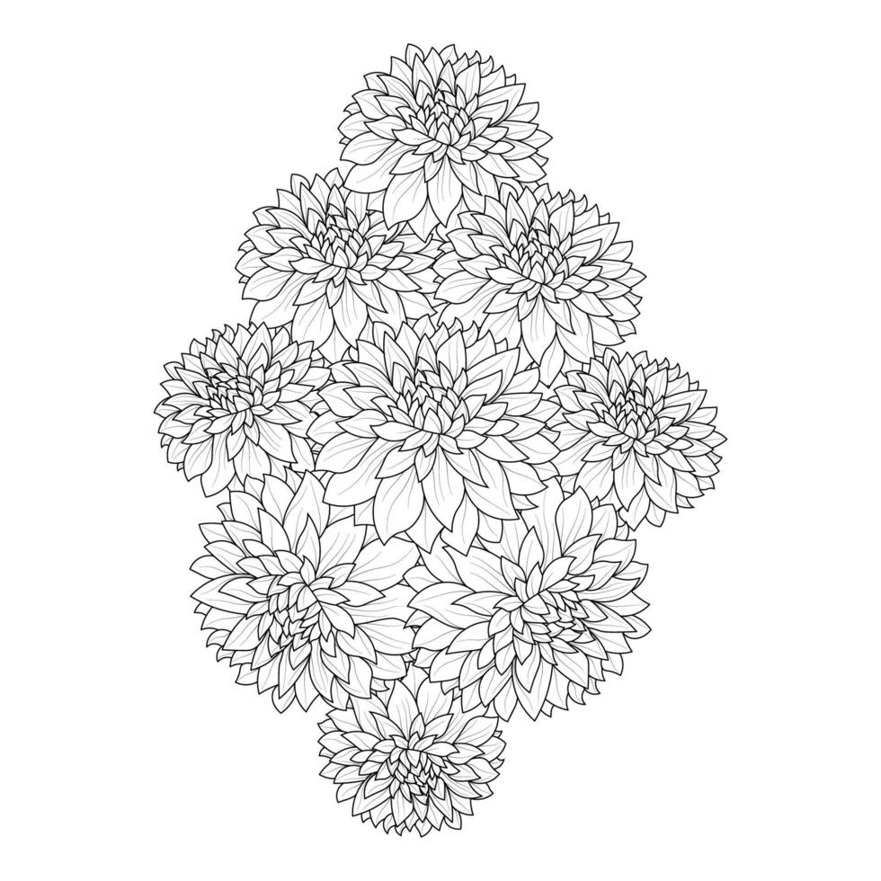 dahlia or dalia flower coloring page of vector illustrations in hand drawn sketch doodle style line art