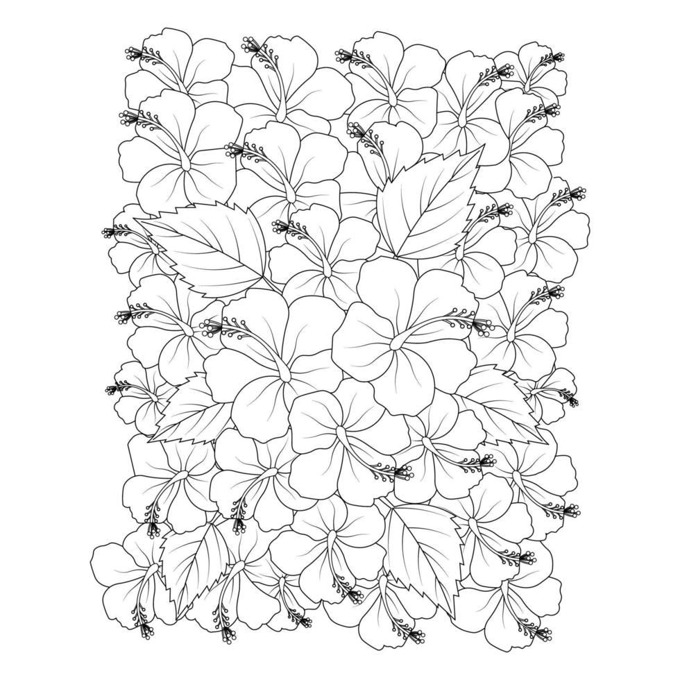 red hibiscus flower vector line art design on black and white background for coloring page