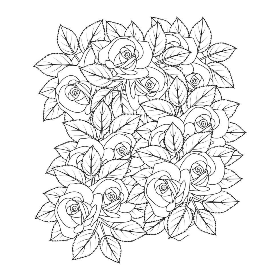 black and white doodle rose flower coloring page illustration for printing vector