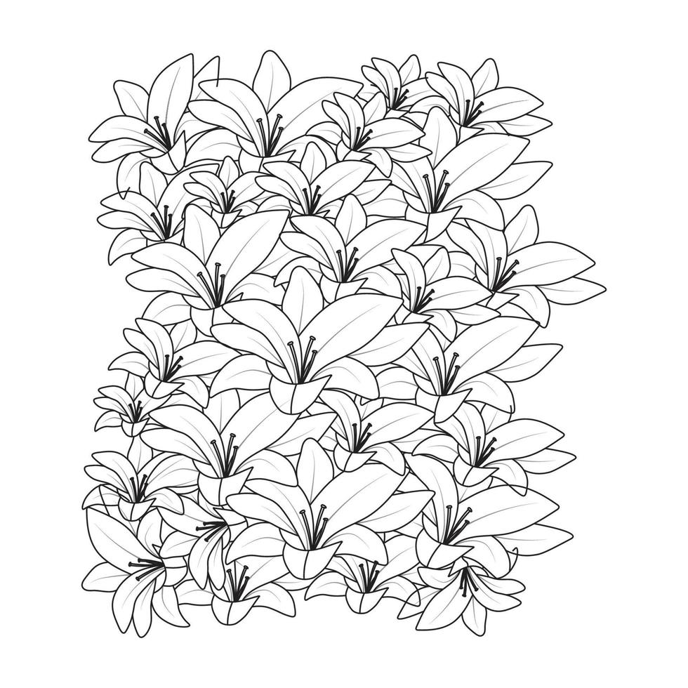 doodle style drawing of line art repeat pattern lilium flower for textile printing vector
