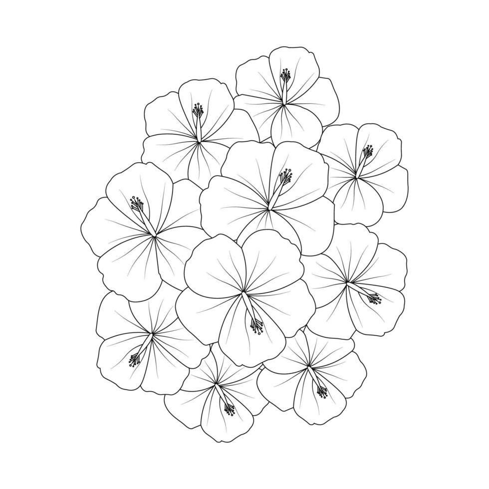 red hibiscus flower vector line art design on black and white background for coloring page