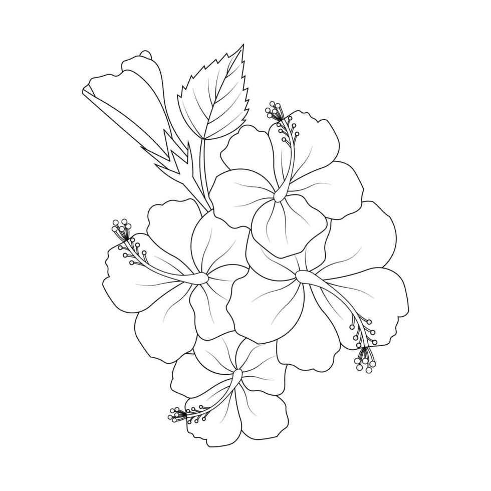 diseño de arte de línea de vector de flor de hibisco hawaiano sobre fondo blanco y negro para colorear página