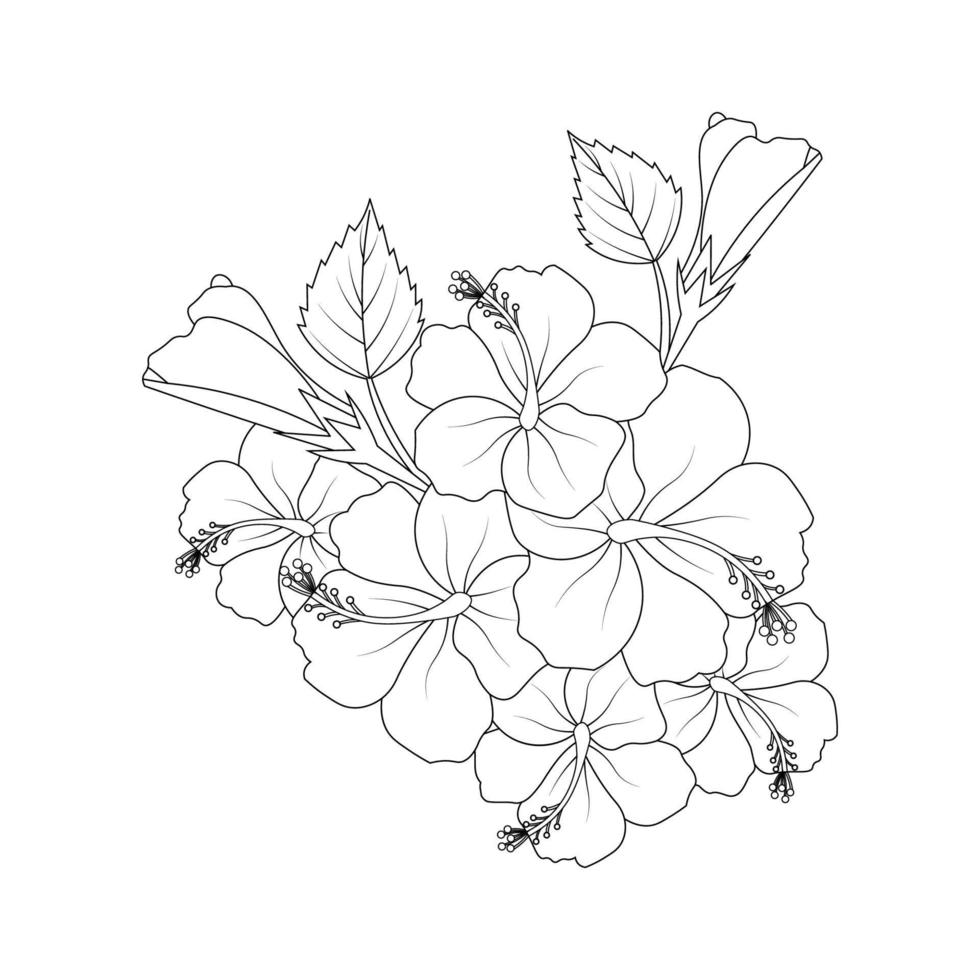 Hawaiian hibiscus flower vector line art design on black and white background for coloring page