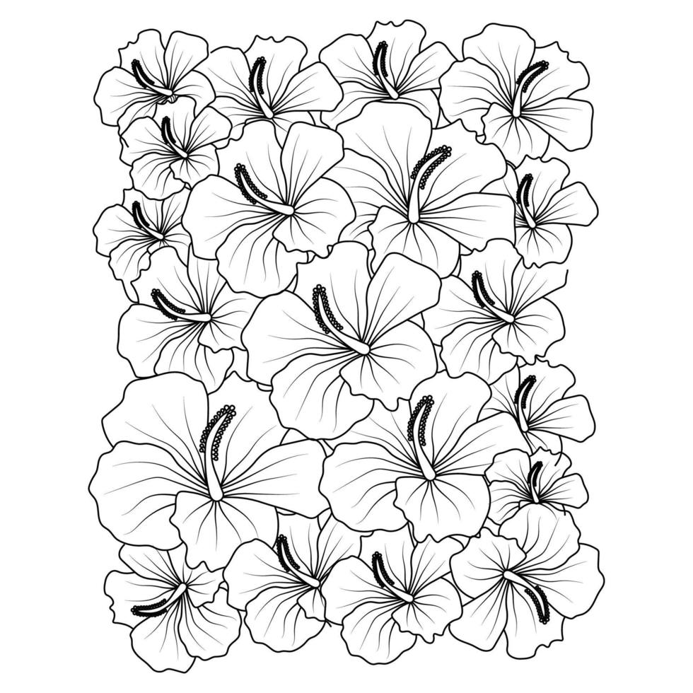 Hibiscus flower line art drawing black stroke vector illustration sketch on white background