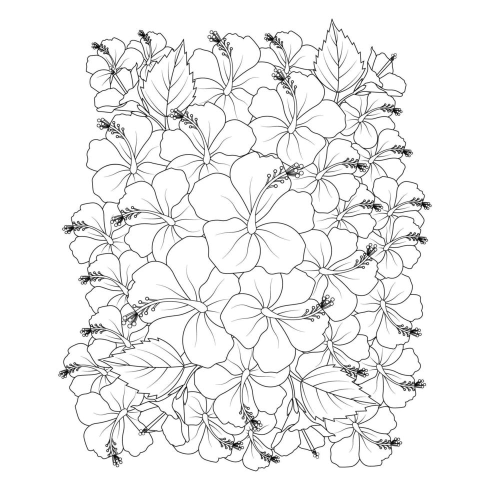 red hibiscus flower vector line art design on black and white background for coloring page