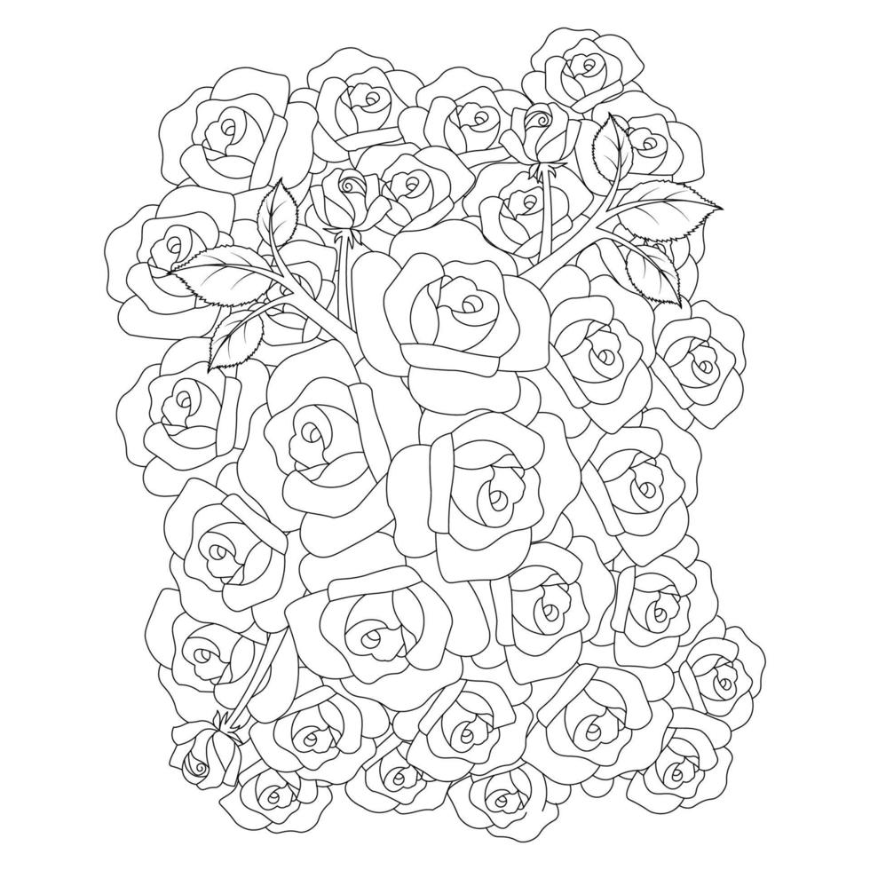 roses flower doodle repeat pattern with line art coloring page drawing of monochrome sketch design vector