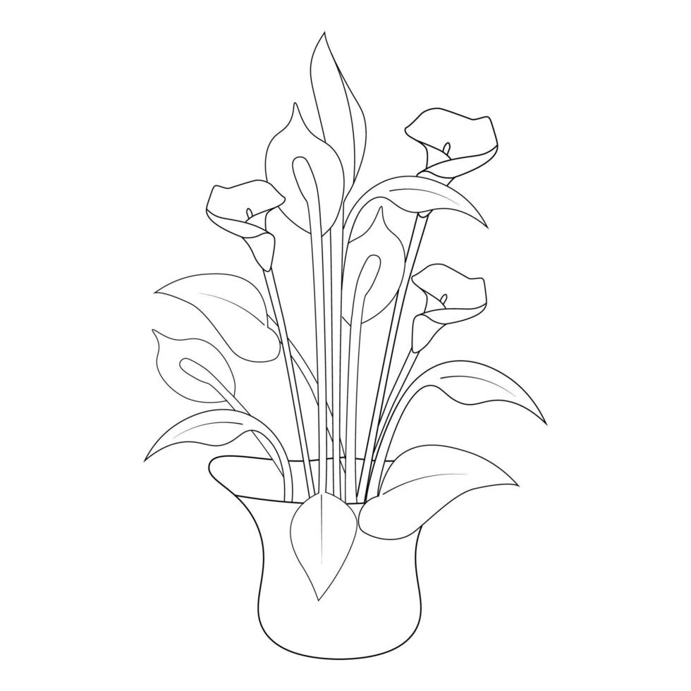 página interior para colorear con un jarrón de flores de dibujo de líneas de objetos gráficos vectoriales vector