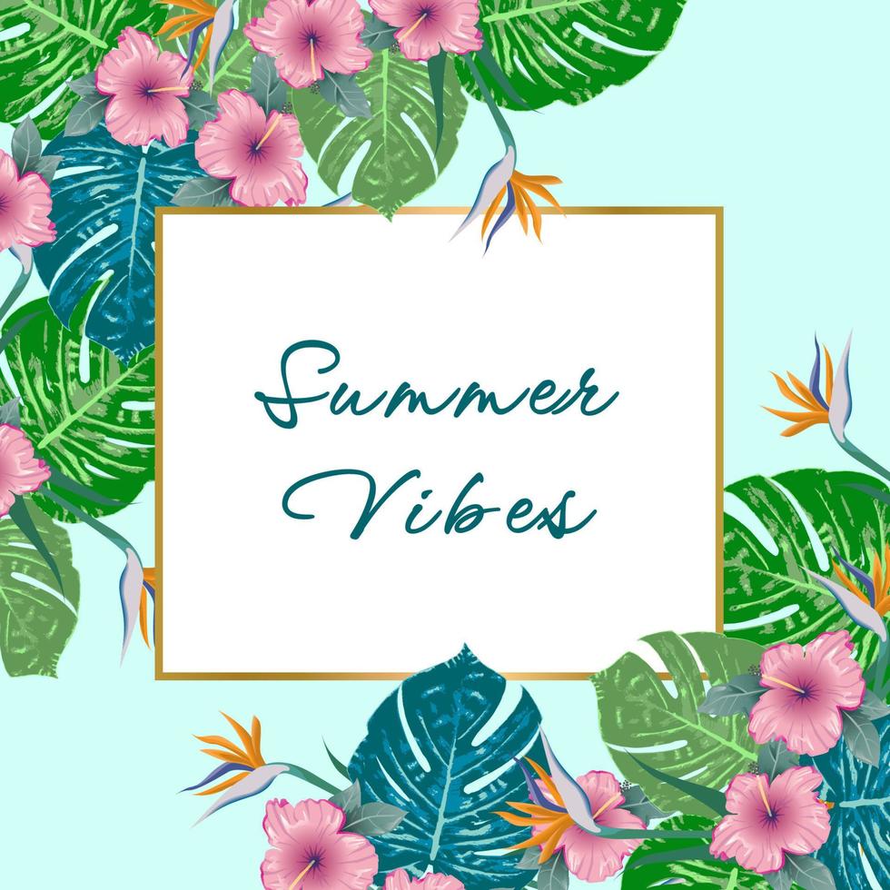 Summer Vibes. Summer green tropical flyer design with tropical flowers and monstera leaves. Frame design. Copy space vector