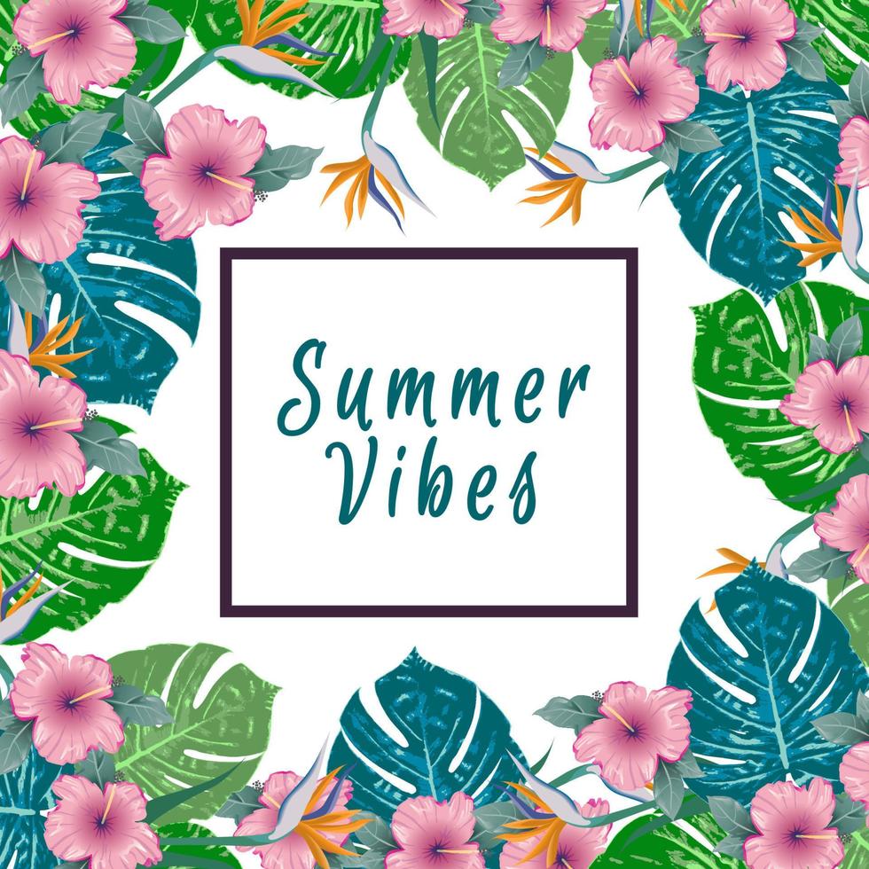 vibras de verano. diseño de volante tropical verde de verano con flores tropicales y hojas de monstera. diseño de marco copie el espacio vector