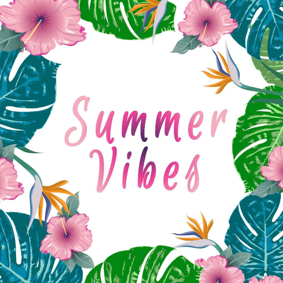 Summer Vibes. Summer green tropical flyer design with tropical flowers and monstera leaves. Frame design. Copy space vector