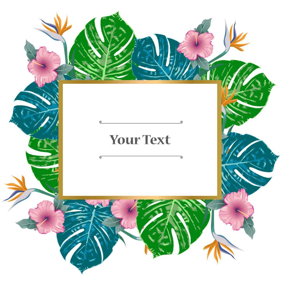 Summer Vibes. Summer green tropical flyer design with tropical flowers and monstera leaves. Frame design. Copy space vector