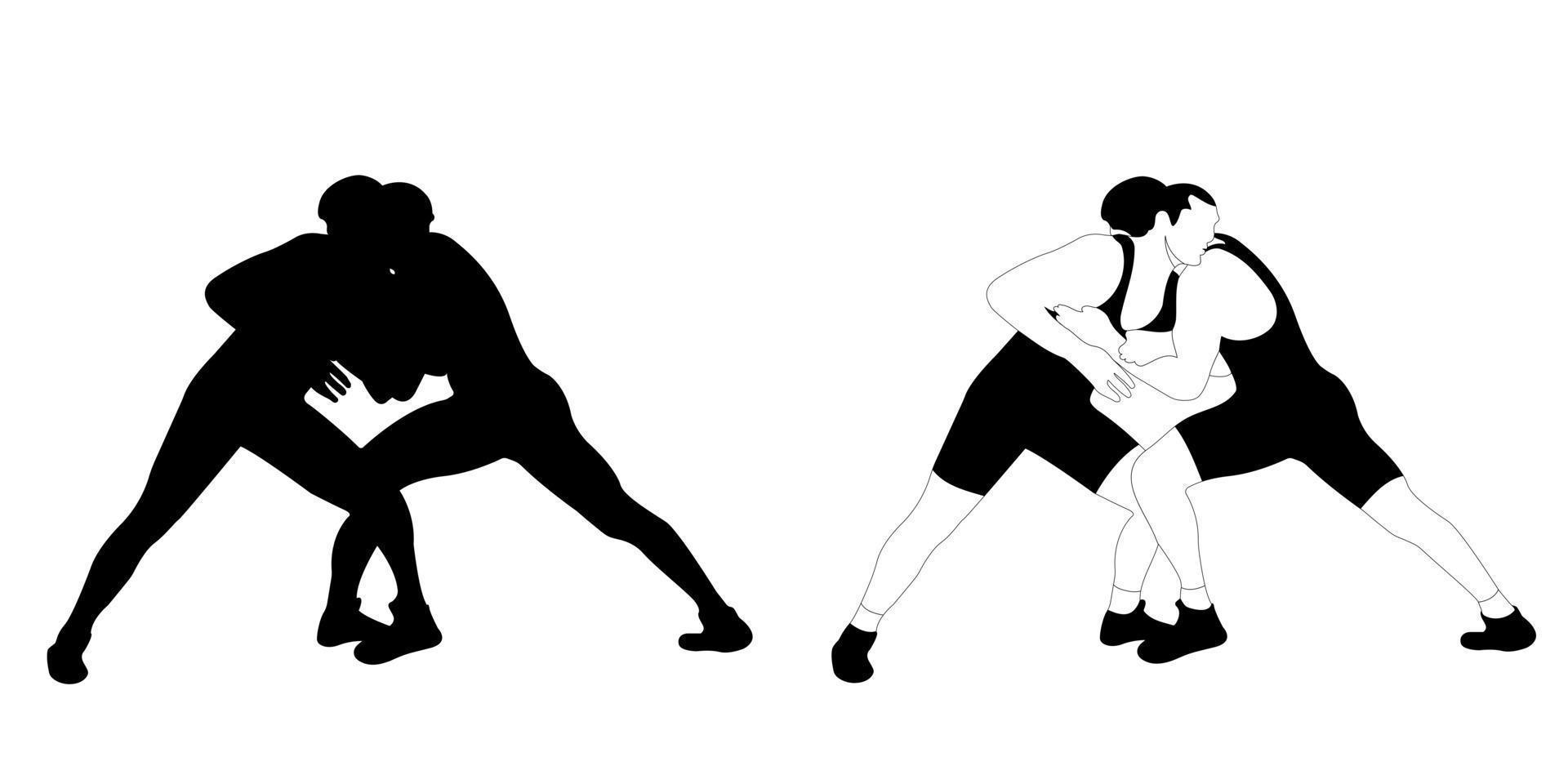 Silhouette outline of wrestler athlete in wrestling, duel, fight. Greco Roman, freestyle, classical wrestling. vector