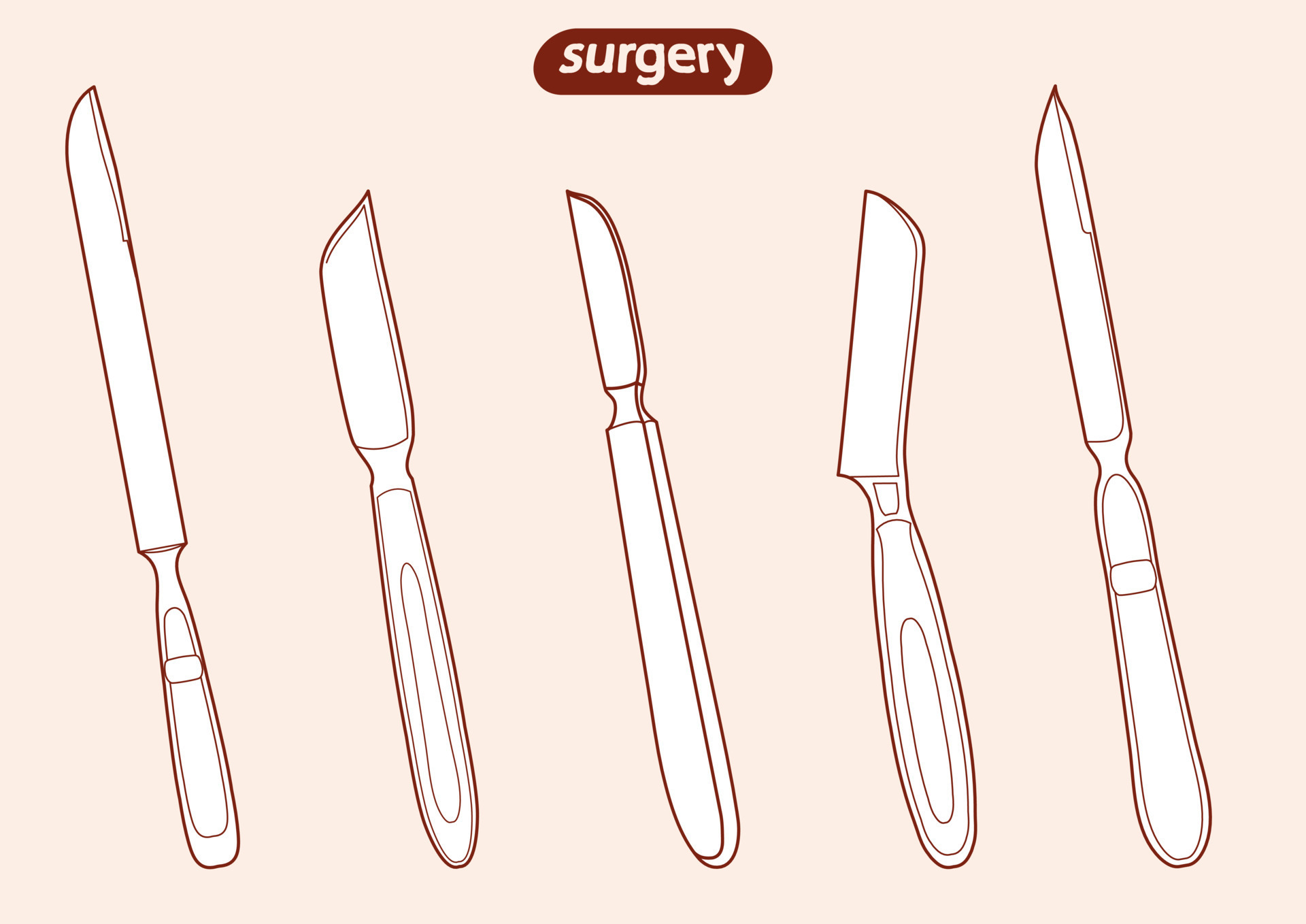 Set, sketch outline of a scalpel, knife, blade, cutter silhouette. Surgical, medical instrument