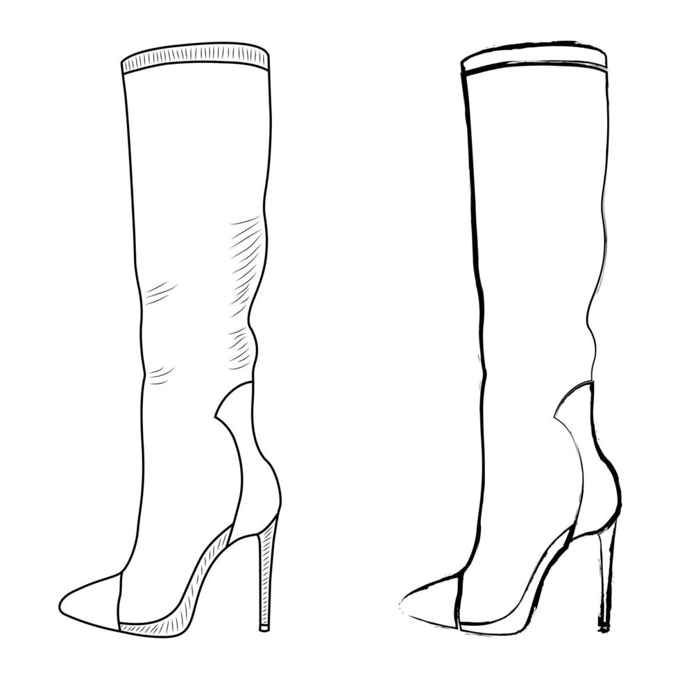 dibujo boceto de la silueta de los zapatos de mujer, botas, botines. estilo de línea y trazos de pincel vector