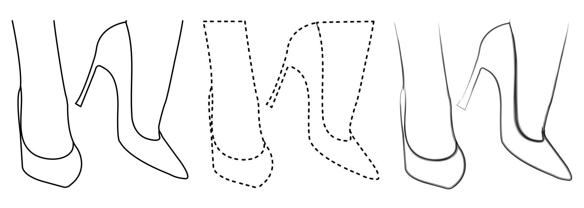 Drawing sketch outline silhouette of fashionable women's shoes. Line style and brush strokes vector