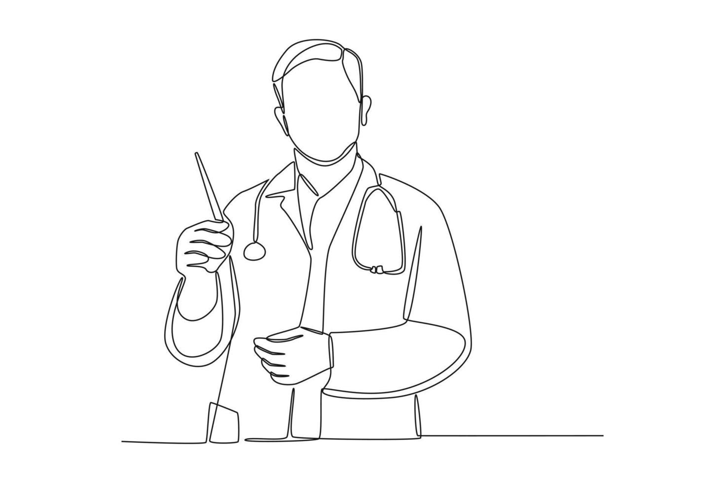 Single one line drawing doctor and stethoscope holds syringe in his hand for a patient. Need a Doctor concept. Continuous line draw design graphic vector illustration.