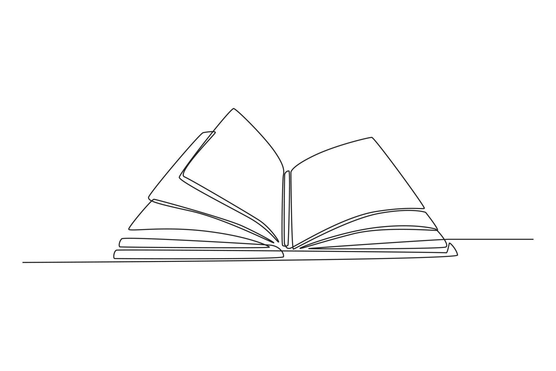 One continuous line drawing of open book with fluttering pages. Back to ...