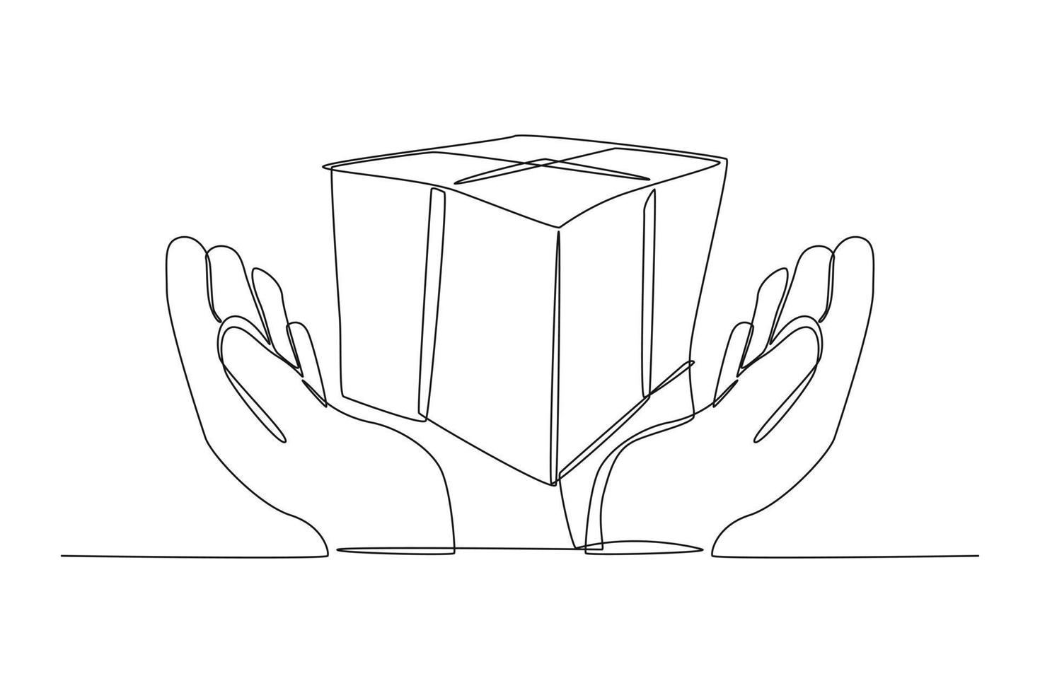 Single one line drawing Hands holding cardboard donation box. World charity day concept. Continuous line draw design graphic vector illustration.