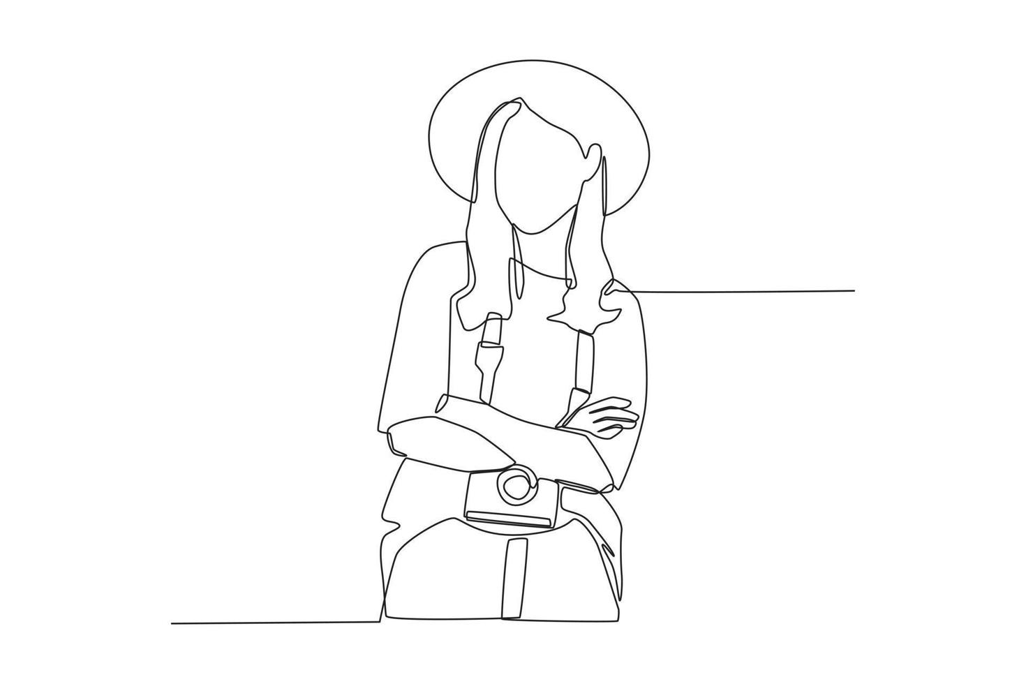 Continuous one line drawing young woman with hat standing with photo camera. World tourism day concept. Single line draw design vector graphic illustration.