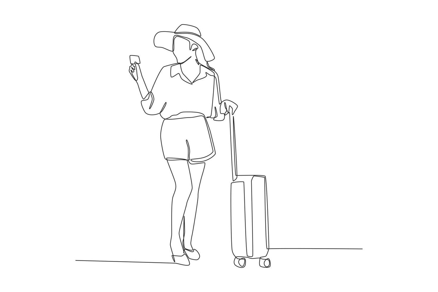 Continuous one line drawing pretty woman tourist preparing for travel standing and holding luggage. World tourism day concept. Single line draw design vector graphic illustration.