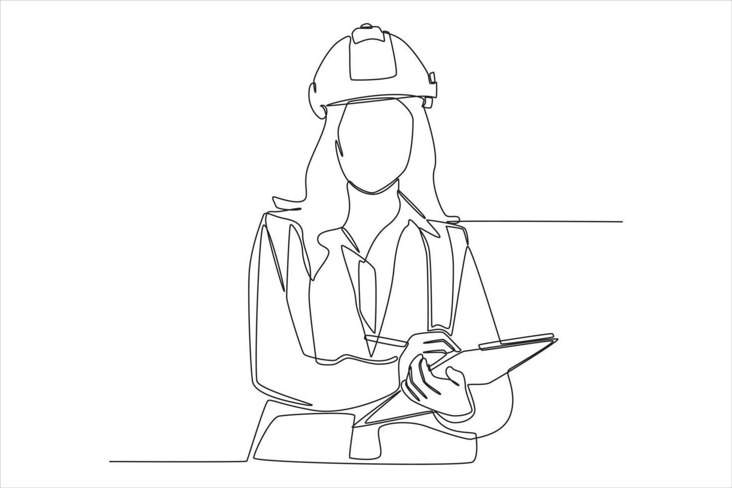 Continuous one line drawing female construction engineer in safety helmet happy to write report. Modern woman concept. Single line draw design vector graphic illustration.