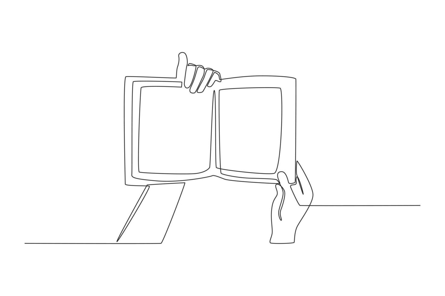 Single one line drawing hands holding open book. Books lovers day concept. Single line draw design vector graphic illustration.