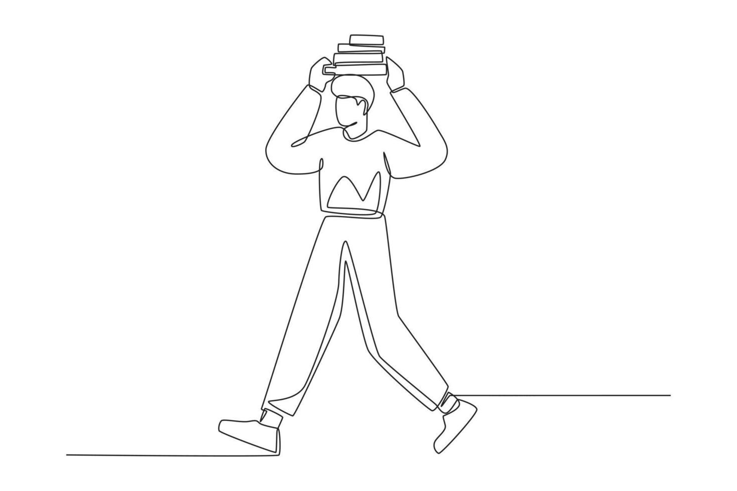 Single one line drawing young boy carry pile of books on his head. Books lovers day concept. Single line draw design vector graphic illustration.