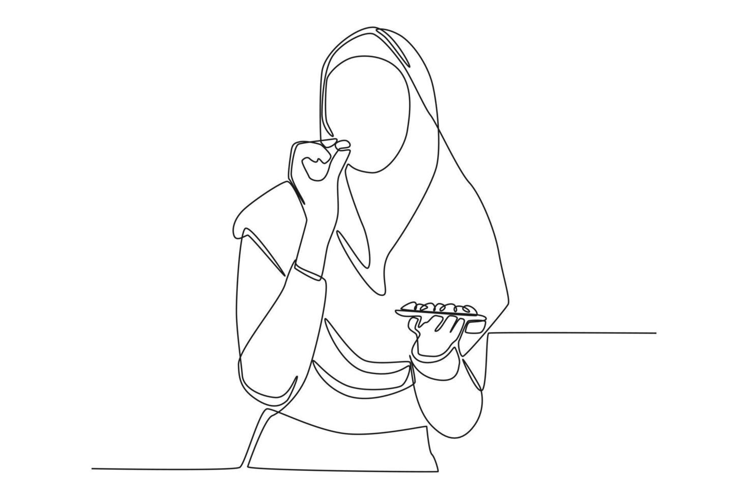 Continuous one line drawing beautiful young muslim girl with a hijab eating dates to break feast. Eating activity concept. Single line draw design vector graphic illustration.