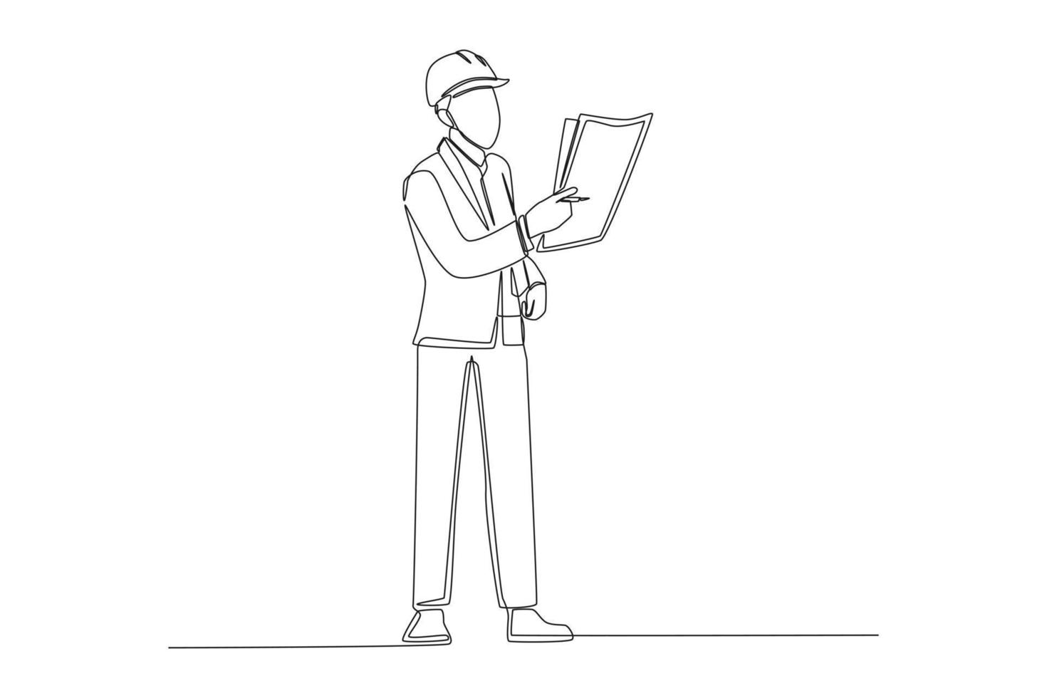 Continuous one line drawing engineers with hard hat holding and reading a blueprint. Engineering day concept. Single line draw design vector graphic illustration.