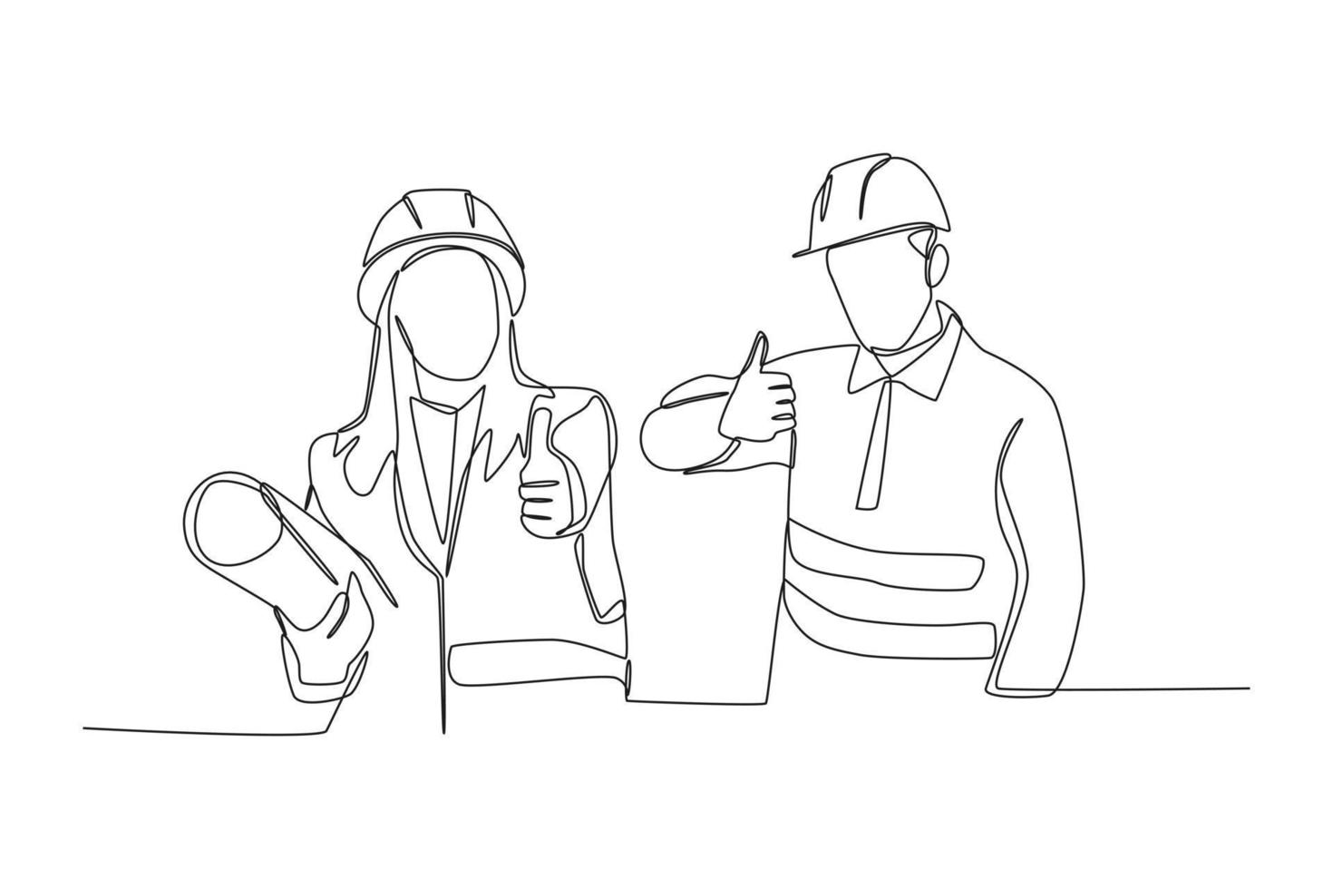 Continuous one line drawing male and female construction worker with hard hat showing thump up. Engineers day concept. Single line draw design vector graphic illustration.