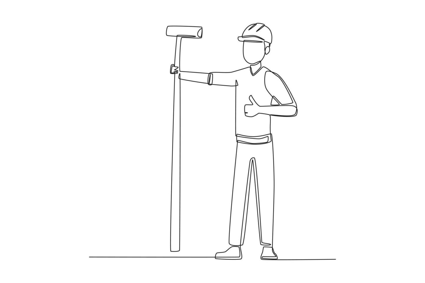Continuous one line drawing male painter with paint roller and hard hat