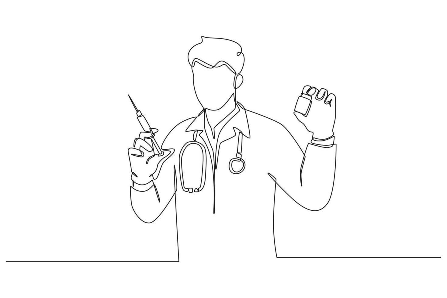 Single one line drawing doctor holds vaccine and syringe for a patient. Need a Doctor concept. Continuous line draw design graphic vector illustration.