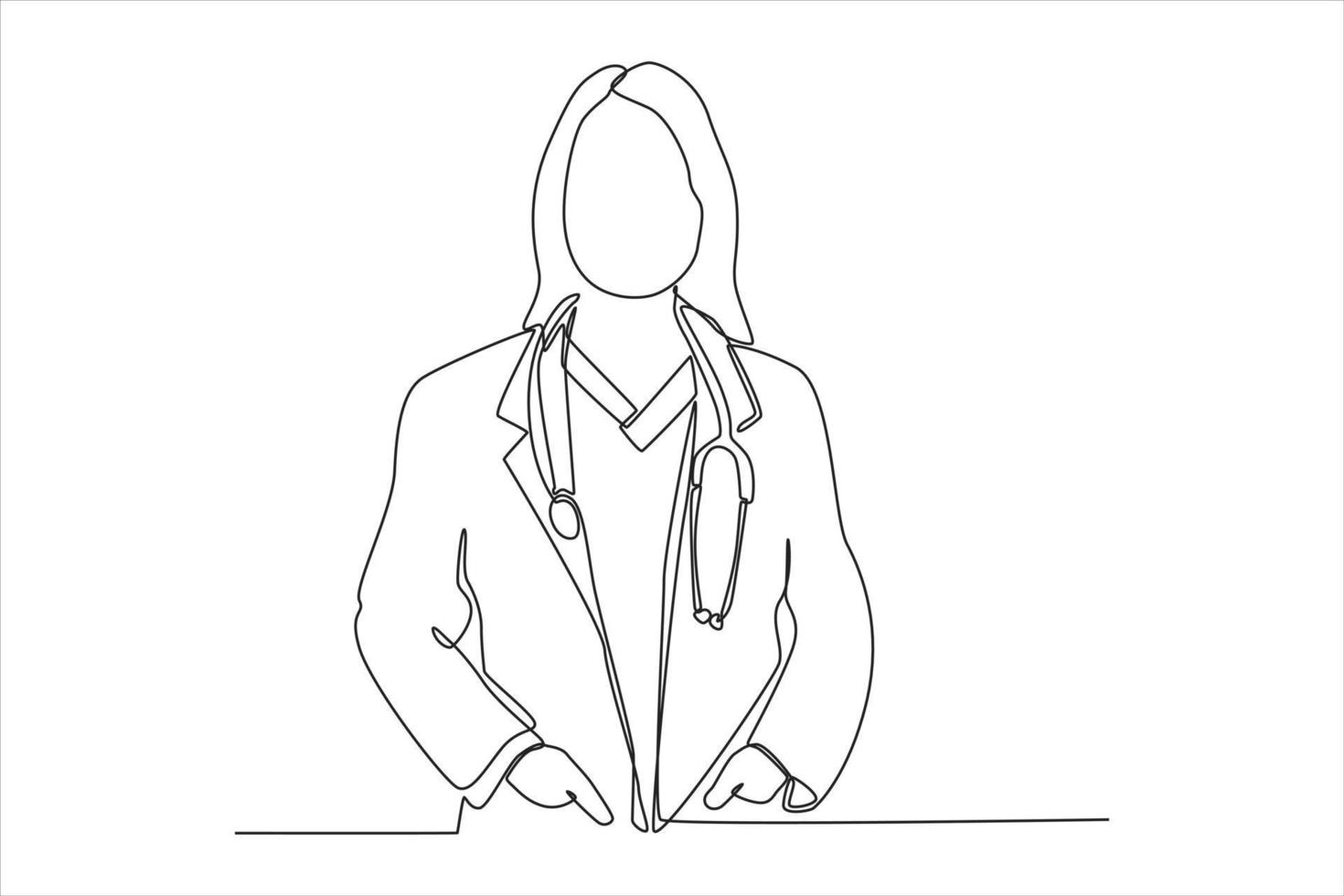 Continuous one line drawing professional confident young doctor in white coat, stethoscope over neck, ready help patient. Modern woman concept. Single line draw design vector graphic illustration.