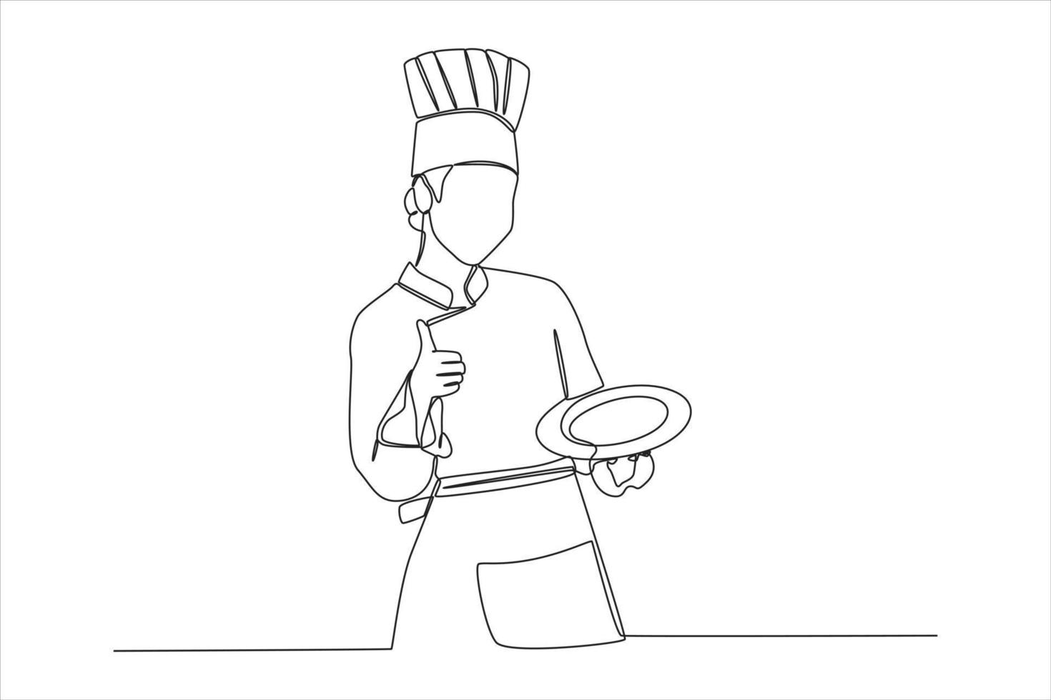 dibujo continuo de una línea joven chef mujer feliz dando pulgares arriba gesto. concepto de mujer moderna. ilustración gráfica vectorial de diseño de dibujo de una sola línea. vector