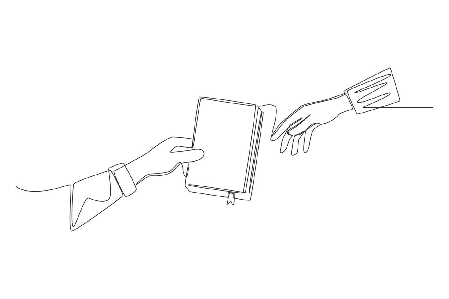 Single one line drawing woman hand gives book to her friend. Exchange or crossing. Books lovers day concept. Single line draw design vector graphic illustration.