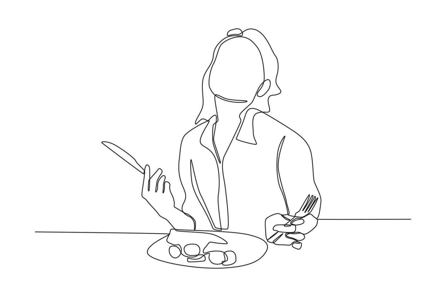 Continuous one line drawing happy Lady using fork and knife while enjoying her delicious meal. Eating activity concept. Single line draw design vector graphic illustration.