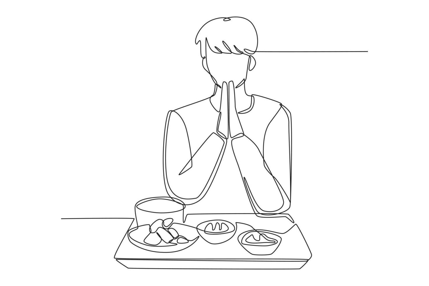 Continuous one line drawing young boy praying before eating. Eating activity concept. Single line draw design vector graphic illustration.