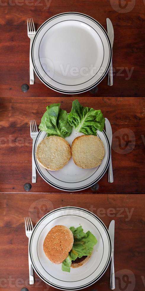 composición de la línea de tiempo de la cocina casera de una hamburguesa a la parrilla con tomates y ensalada en un plato foto
