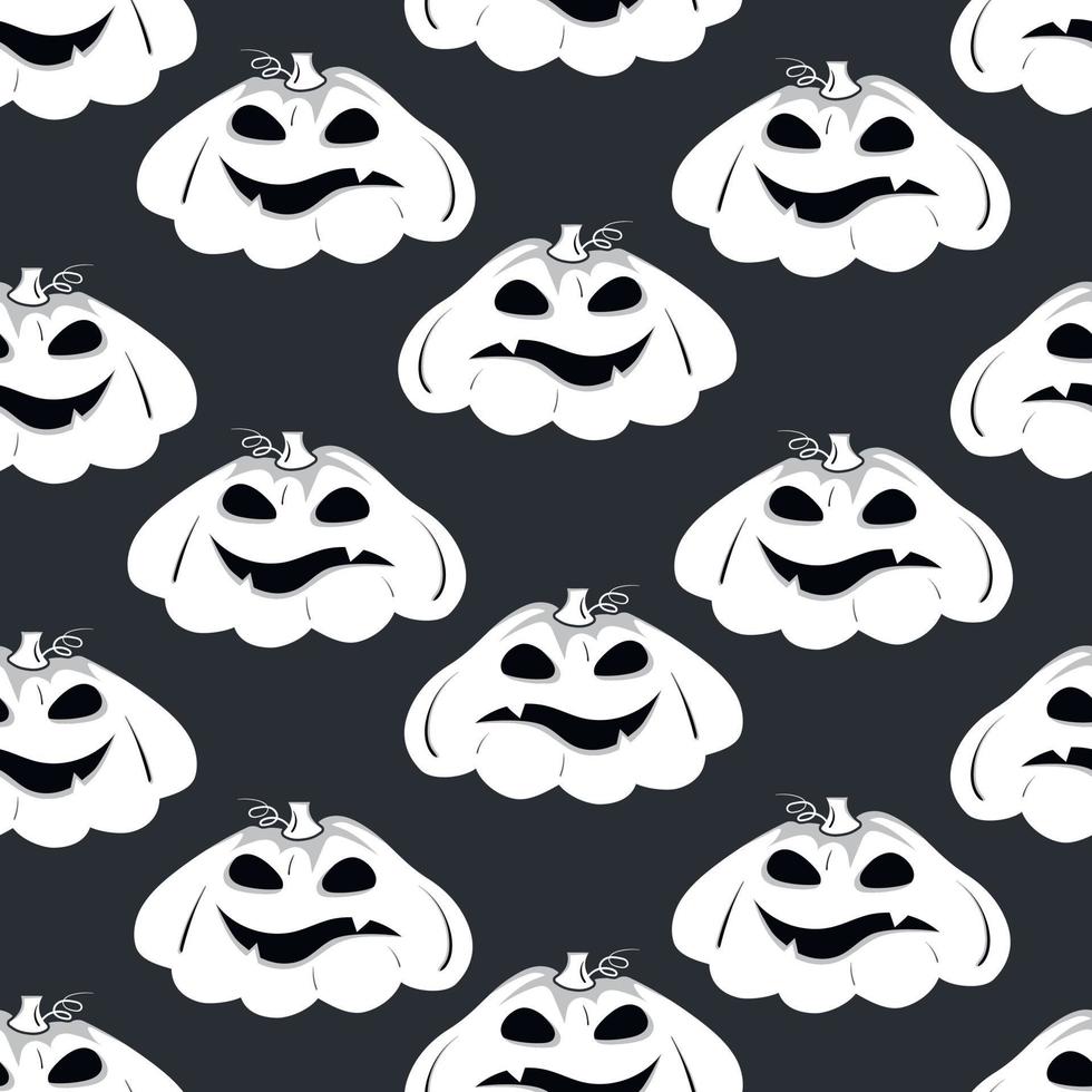 patrón impecable con silueta blanca de una cara de calabaza con ojos negros para halloween en el fondo oscuro vector