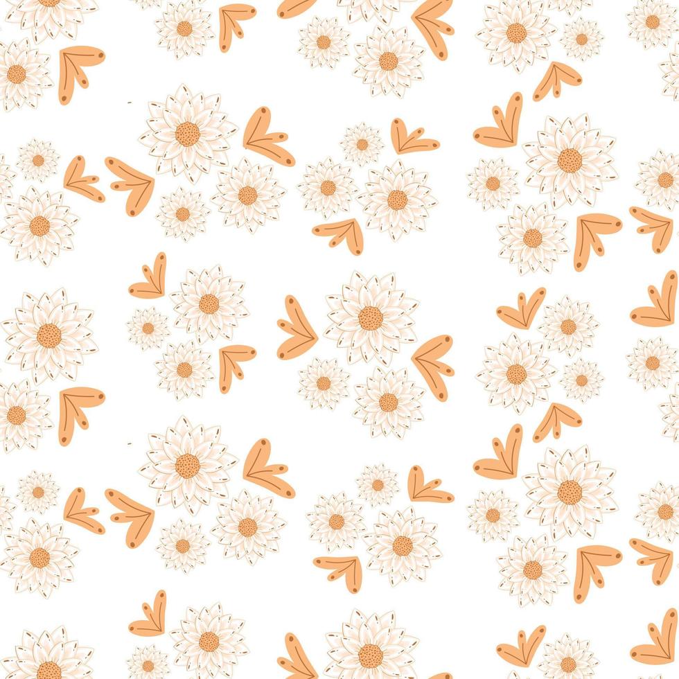 Seamless botanical ornament pattern with autumn small abstract doodle flowers in warm pastel colors isolated on white background in flat cartoon style vector