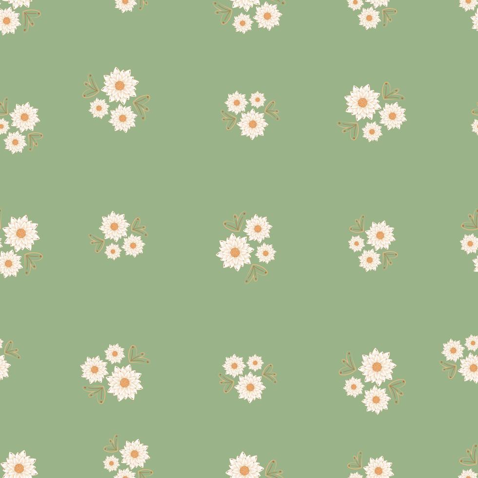 Seamless botanical ornament pattern with autumn small abstract doodle flowers in warm pastel colors isolated on green background in flat cartoon style vector