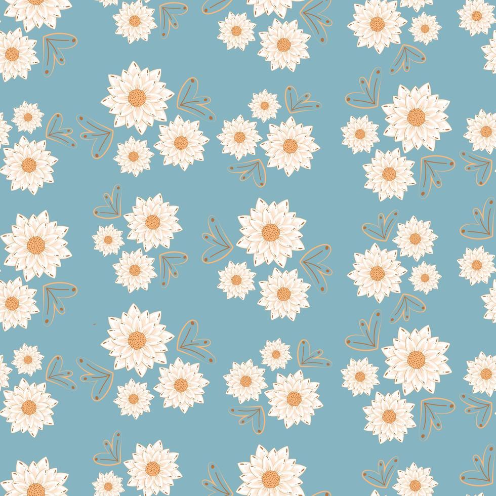 Seamless botanical ornament pattern with autumn small abstract doodle flowers in warm pastel colors isolated on blue background in flat cartoon style vector