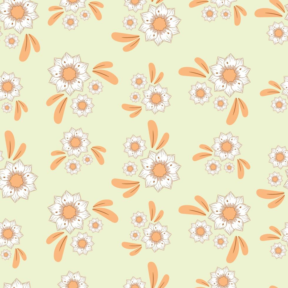 Seamless pattern with autumn small abstract bouquets of flowers in warm colors isolated on pastel yellow background in flat cartoon style vector
