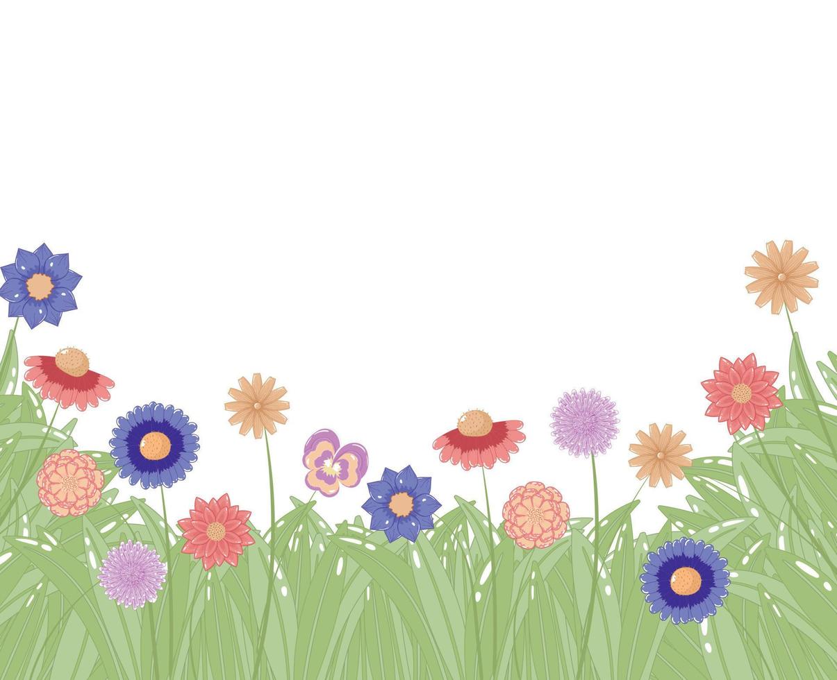 Horizontal border with spring meadow plants and flowers on white background with space for text in pastel colors in flat cartoon style vector