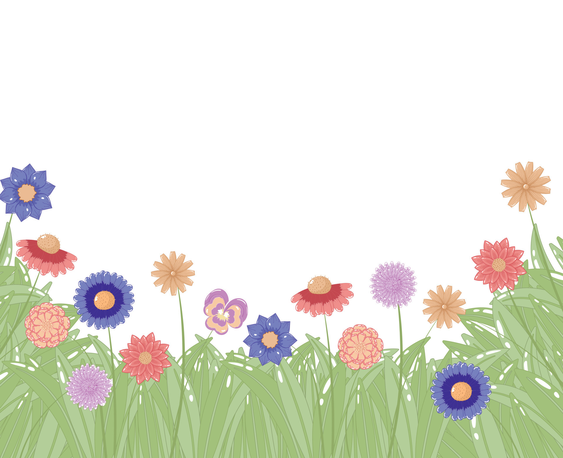 Horizontal border with spring meadow plants and flowers on white ...