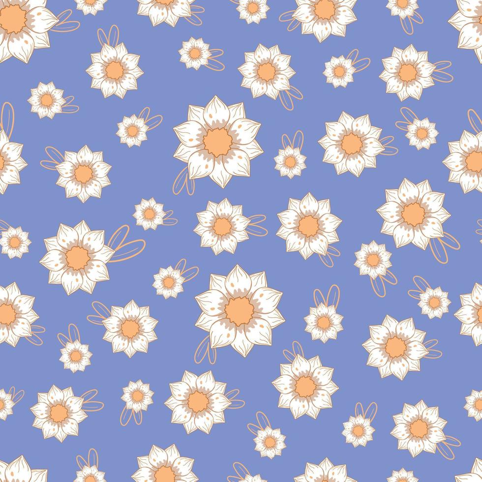 Seamless pattern with autumn lined abstract flowers in warm colors and yellow leaves isolated on blue background in flat cartoon style vector