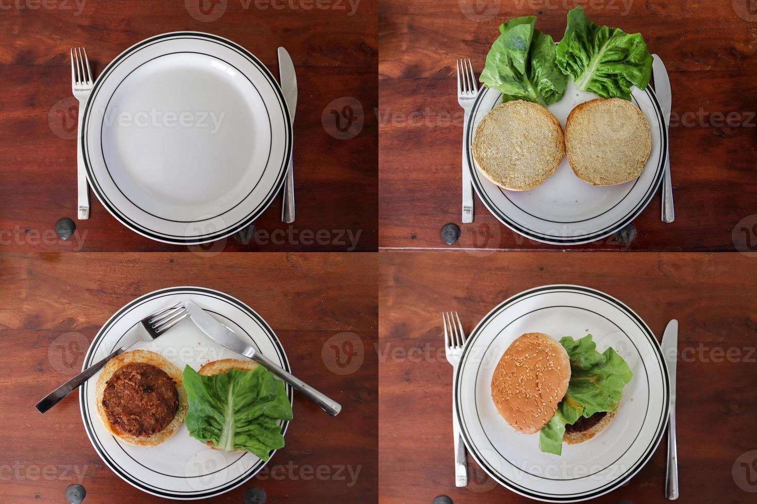 Timeline composing of homemade cooking of a grilled burger with tomatoes and salad on a plate photo